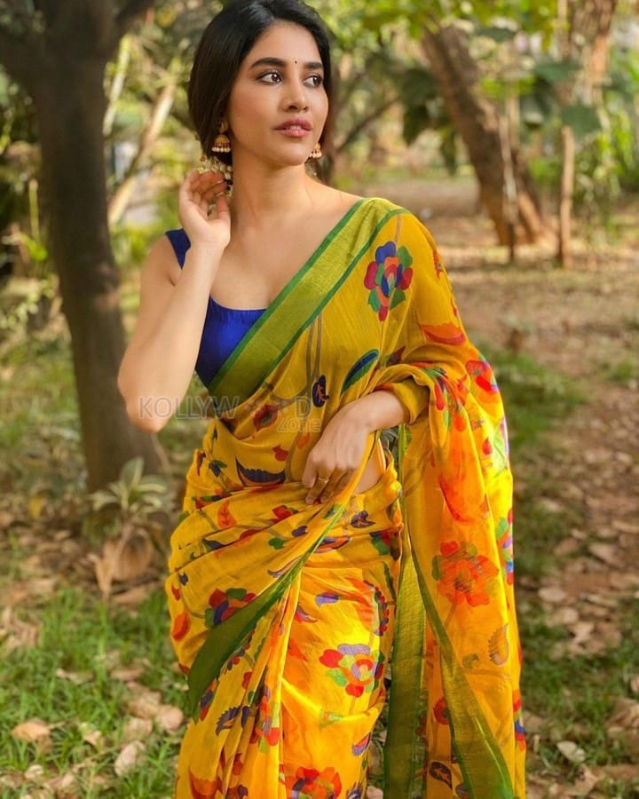 Beautiful Nabha Natesh in a Yellow Floral Printed Saree with a Strapless Blouse Photos 03