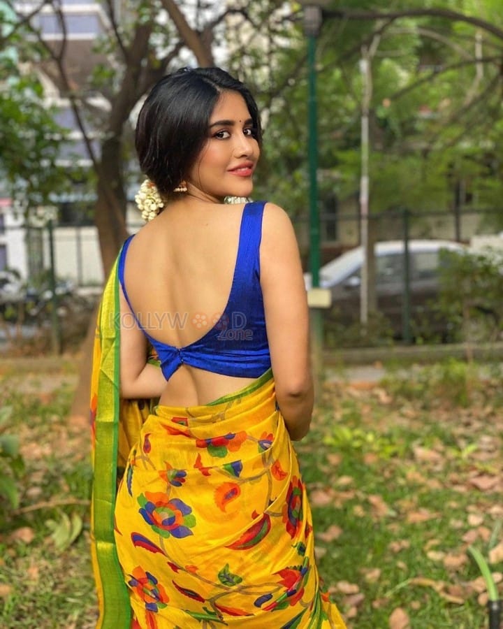 Beautiful Nabha Natesh in a Yellow Floral Printed Saree with a Strapless Blouse Photos 04