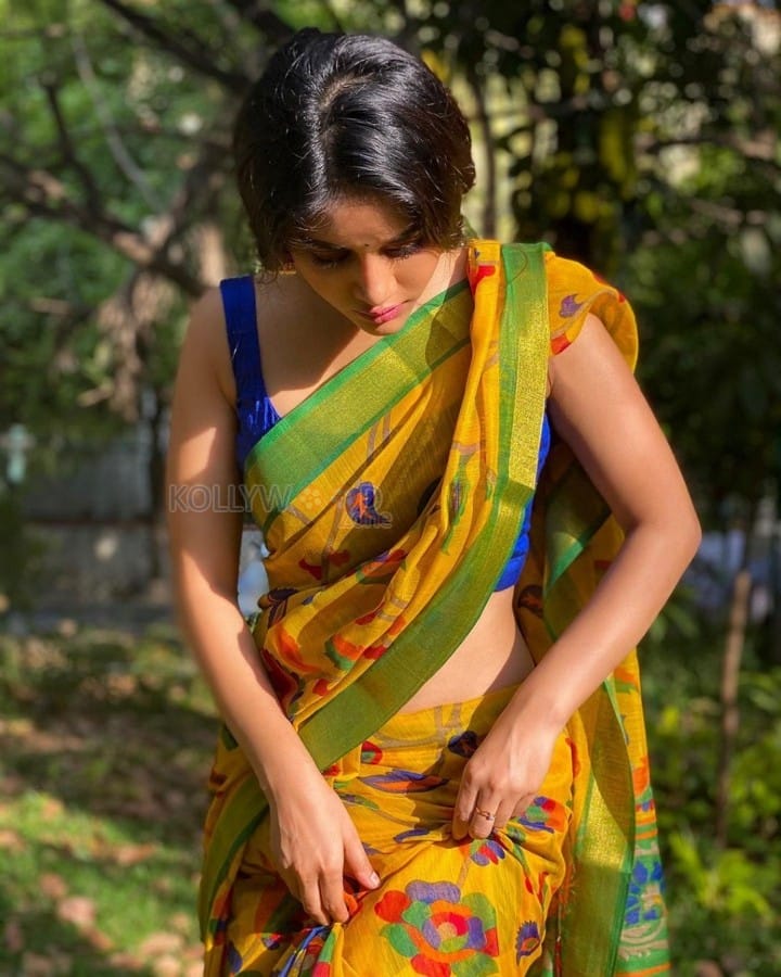 Beautiful Nabha Natesh in a Yellow Floral Printed Saree with a Strapless Blouse Photos 05