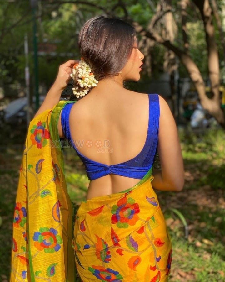 Beautiful Nabha Natesh in a Yellow Floral Printed Saree with a Strapless Blouse Photos 06