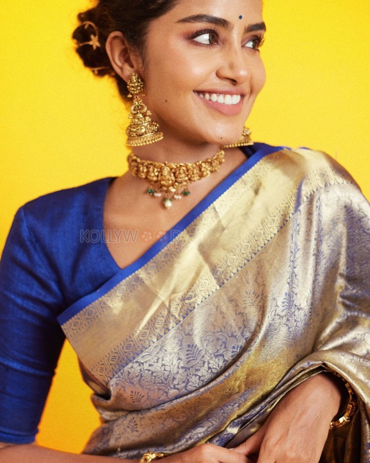 Curly Beauty Anupama Parameswaran in a Blue and Silver Silk Saree with a Blue Blouse Photos 01