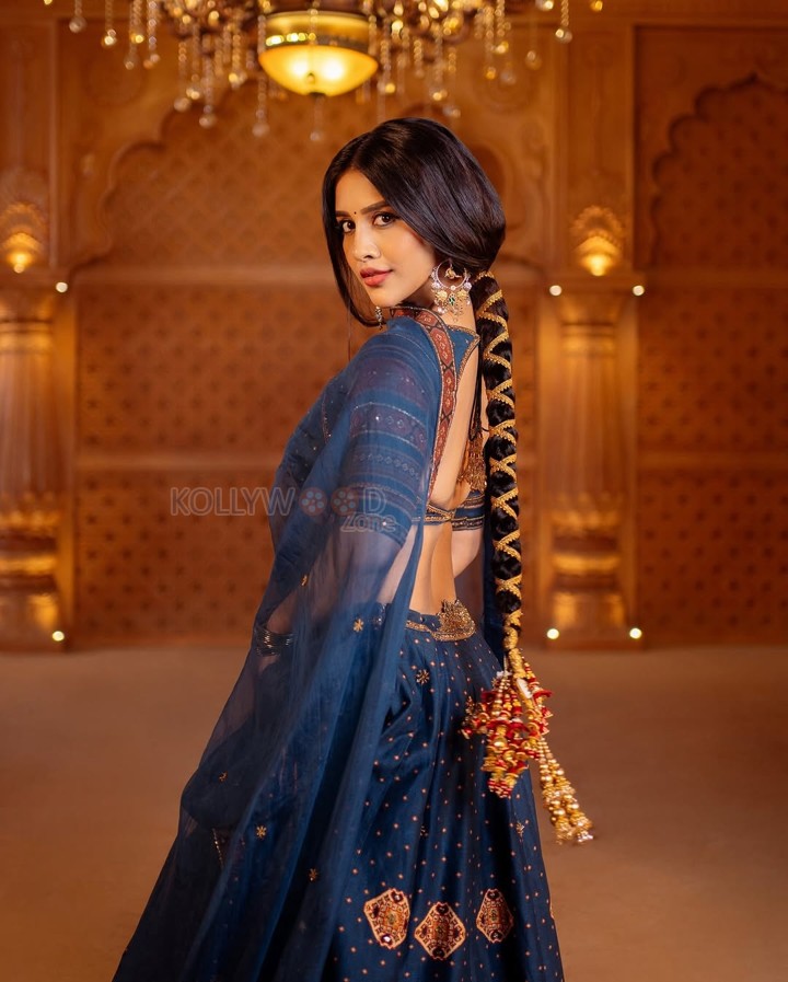 Dazzling Nabha Natesh in a Royal Blue Embroidered Lehenga Photos 07