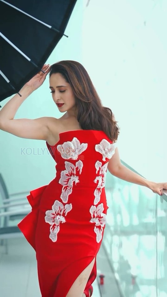 Dazzling Pragya Jaiswal in a Red Strapless Floral Gown Photos 01