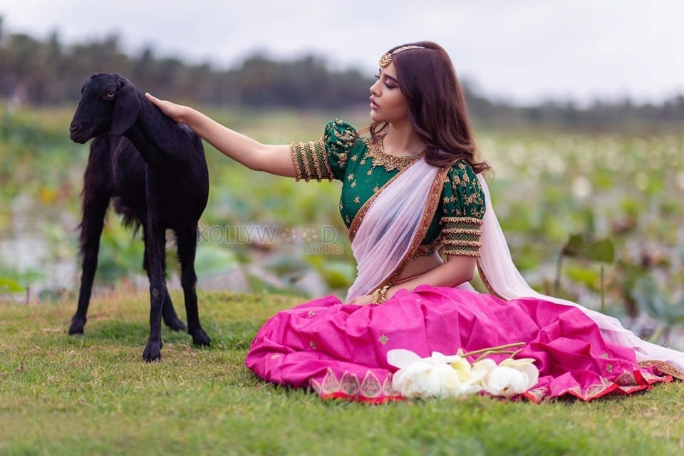 Gorgeous Nabha Natesh Green Half Saree Photos 05