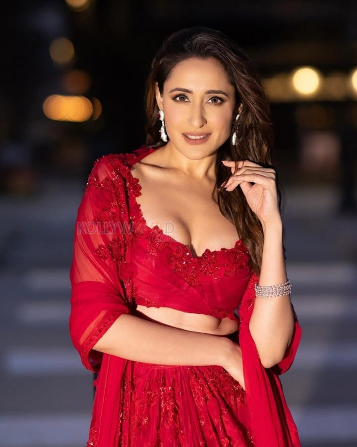 Graceful Pragya Jaiswal in a Ravishing Red Net Embroidered Organza Drape Blouse With Organza Embroidered Lehenga and Net Embroidered Dupatta Dress Pictures 03