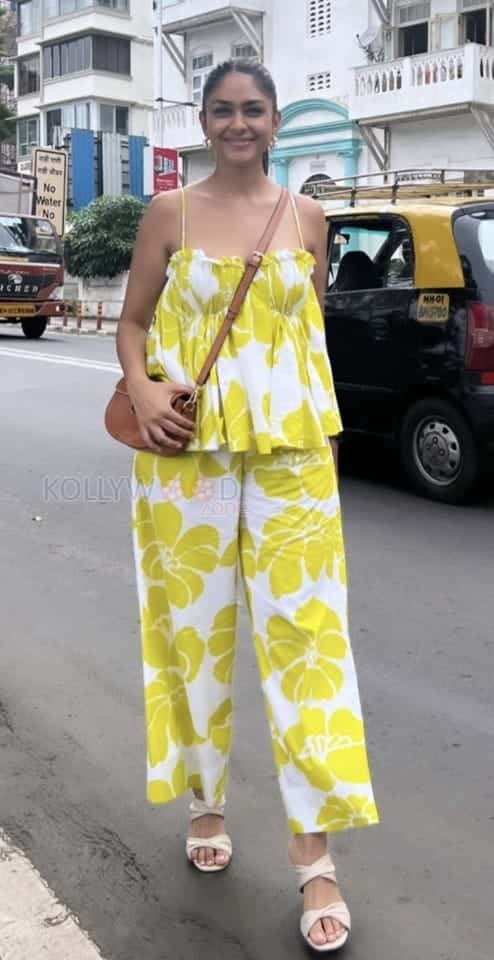 Mrunal Thakur in a White Lime Bralette Co Ord Set Photos 02