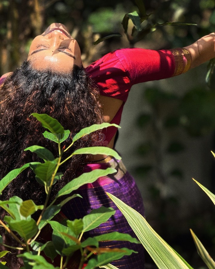 Pet Detective Actress Anupama Parameswaran in a Blue and Red Cotton Saree with a Red Blouse Photos 04