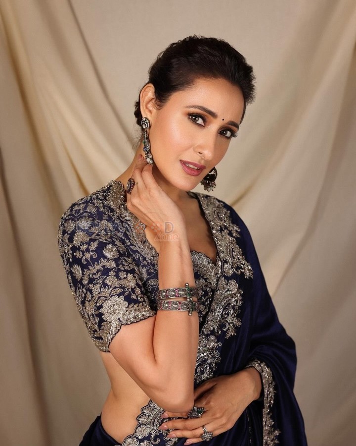 Pretty Actress Pragya Jaiswal in an Embroidered Navy Blue Saree Photos 03