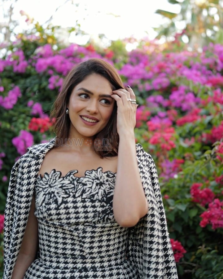 Sophisticated Mrunal Thakur in a Black and White Sleeveless Dress Photos 06