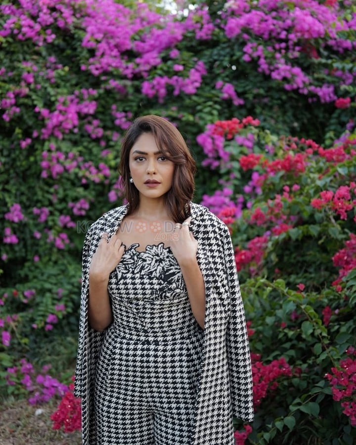 Sophisticated Mrunal Thakur in a Black and White Sleeveless Dress Photos 08