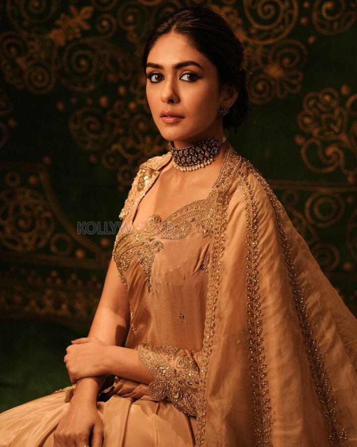 Talented Mrunal Thakur in a Golden Beige Silk Saree Photos 03