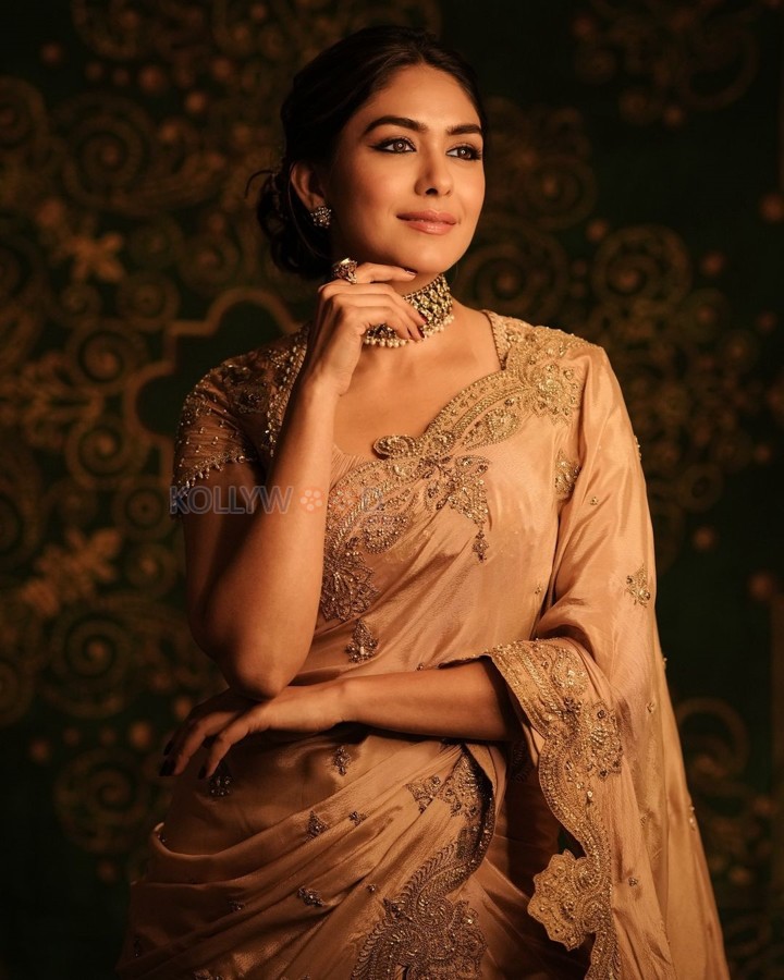 Talented Mrunal Thakur in a Golden Beige Silk Saree Photos 07