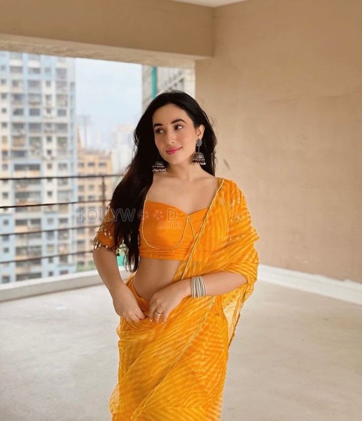 Sexy Aditi Budhathoki in a Transparent Yellow Striped Chiffon Saree Photos 03