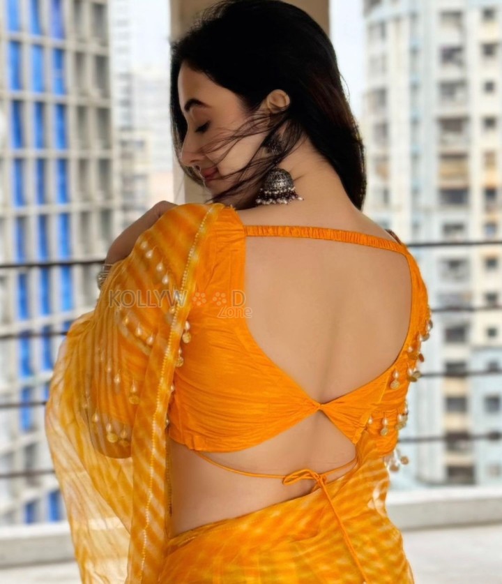 Sexy Aditi Budhathoki in a Transparent Yellow Striped Chiffon Saree Photos 04