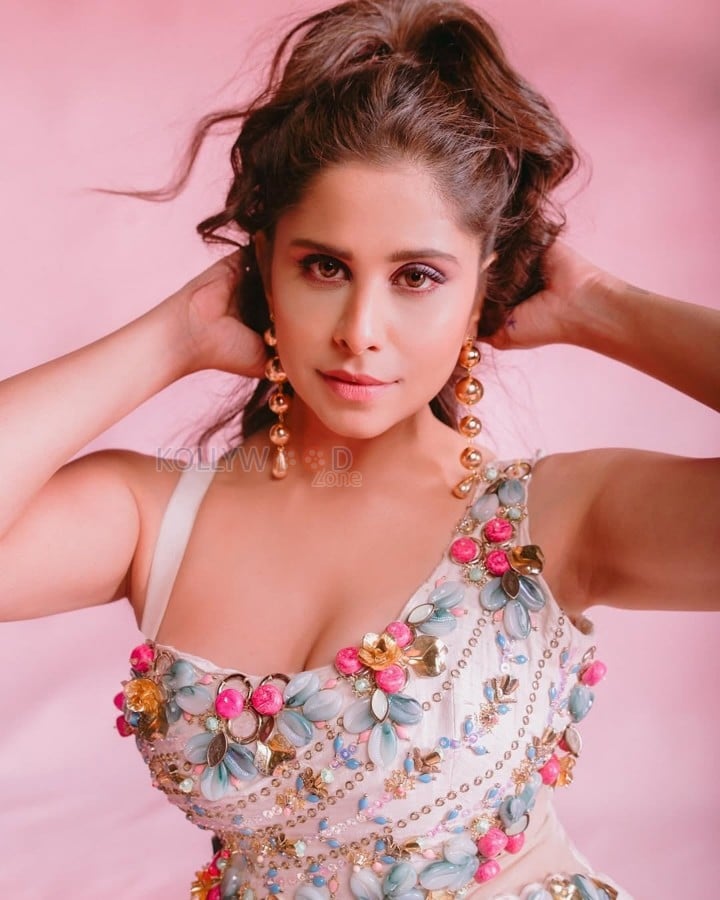 Sassy Marathi Actress Sai Tamhankar in a White Floral Embroidered Dress Photos 02