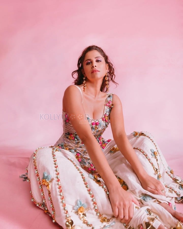 Sassy Marathi Actress Sai Tamhankar in a White Floral Embroidered Dress Photos 03