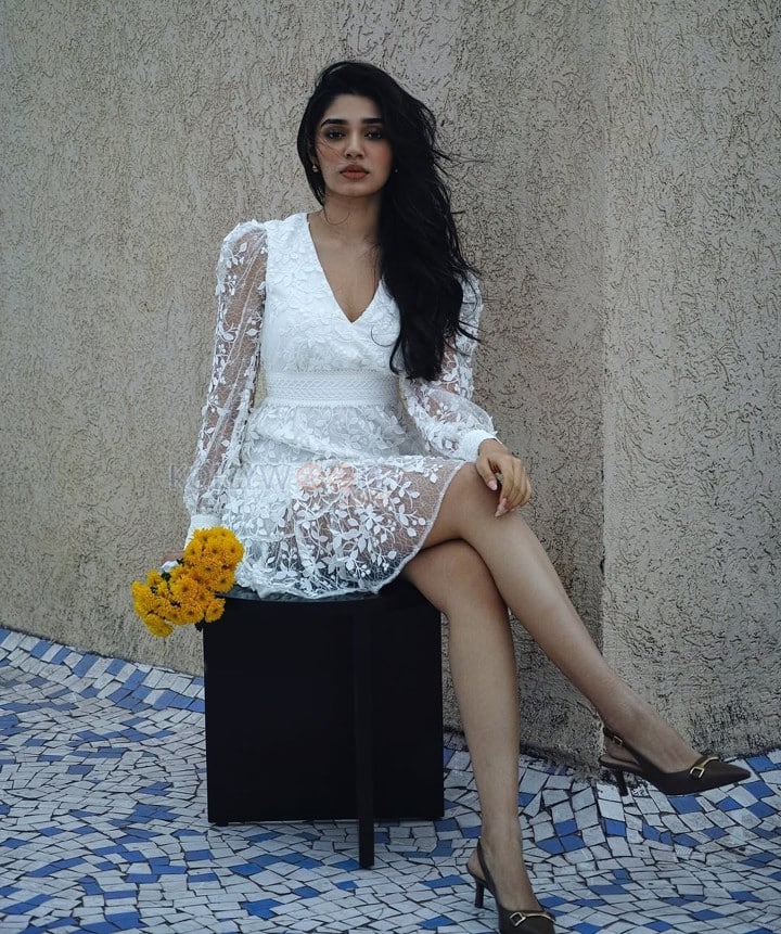 Hot Krithi Shetty in a Floral White Lace Mini Dress Photos 03