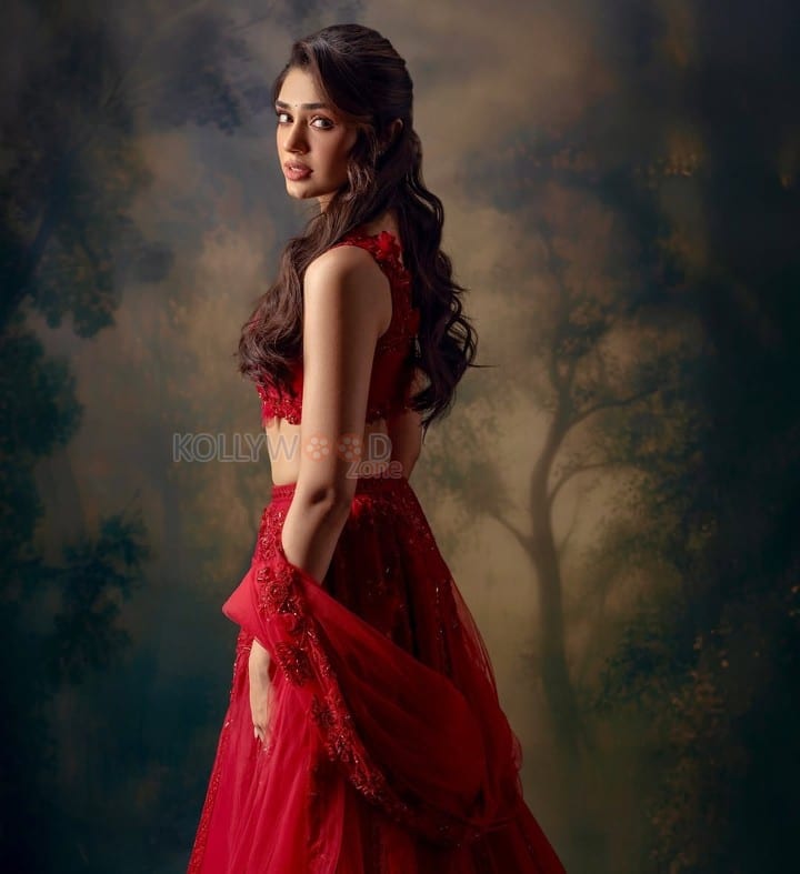 Stunning Krithi Shetty in a Red Lehenga with a Sleeveless Blouse Pictures 01