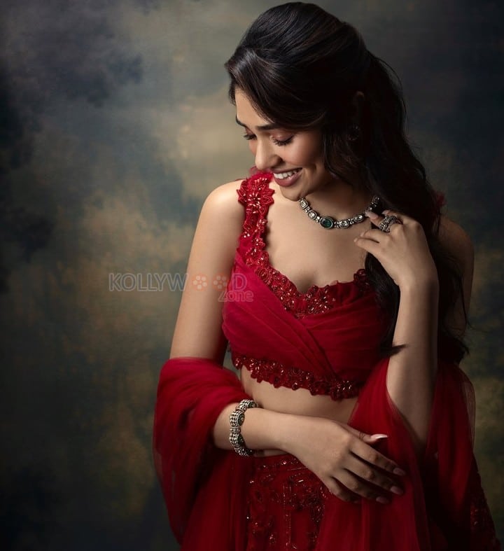 Stunning Krithi Shetty in a Red Lehenga with a Sleeveless Blouse Pictures 02