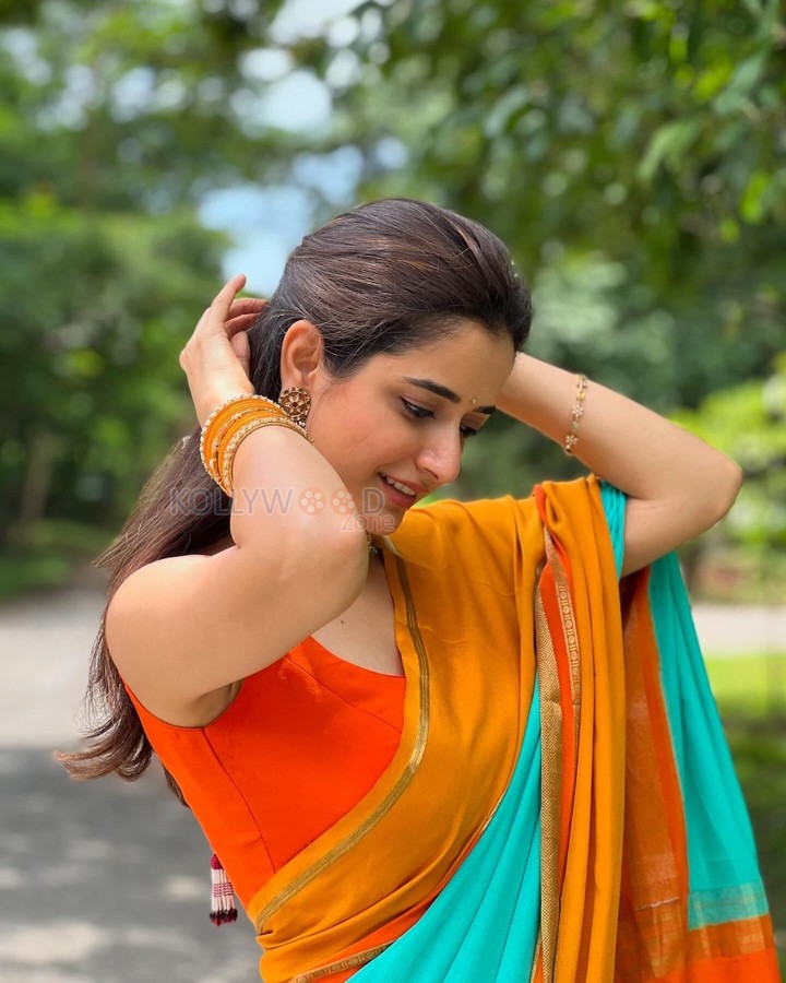 Beautiful Ashika Ranganath in a Vibrant Orange Saree with a Sleeveless Blouse Photos 02