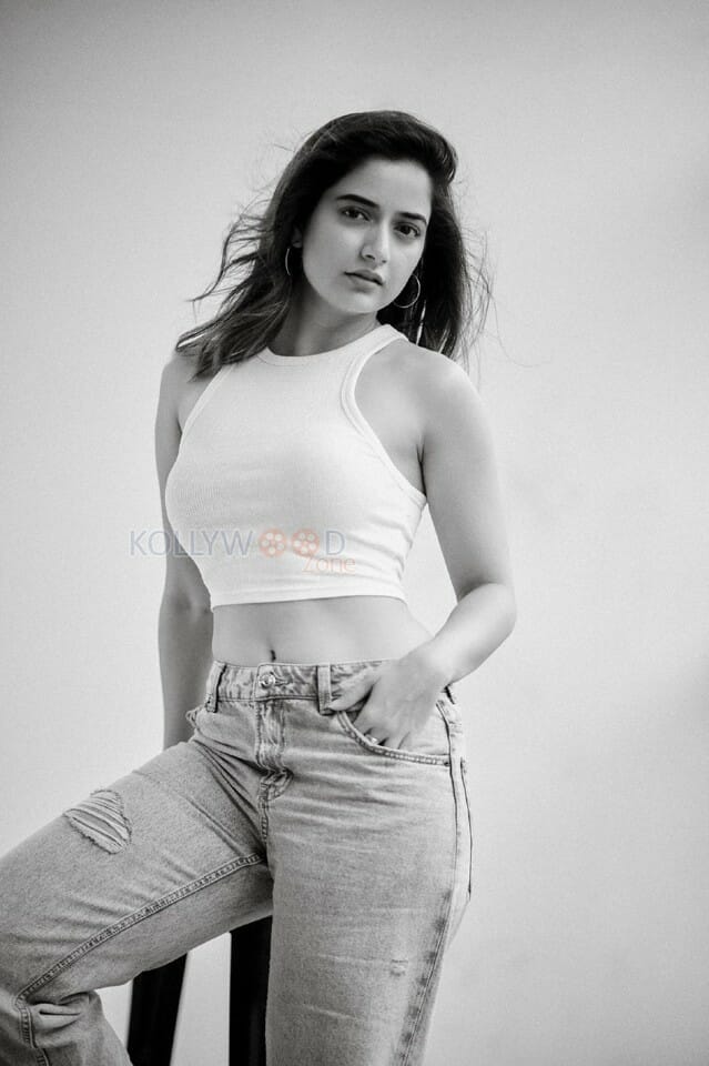 Beautiful Ashika Ranganath in a White Crop Top Black and White Photos 01