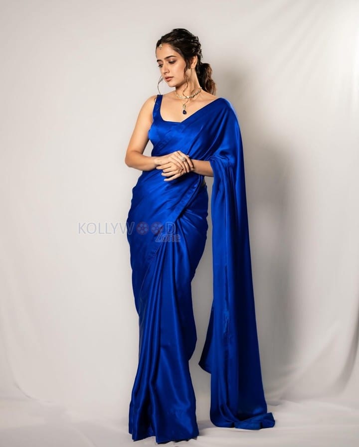 Beautiful Kannada Actress Ashika Ranganath in a Royal Blue Satin Saree Photos 05