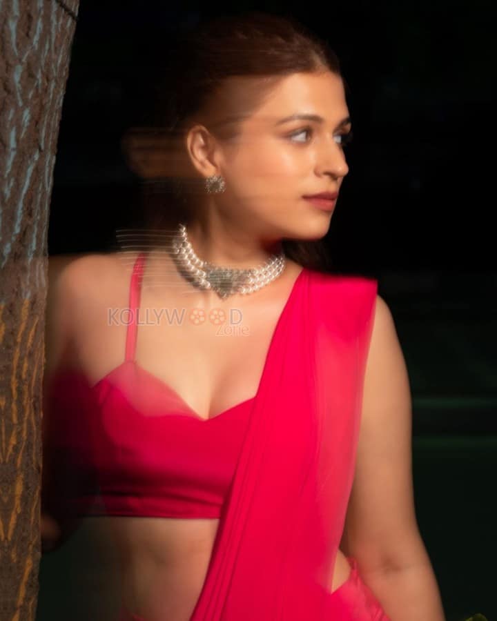 Dazzling Actress Shraddha Das in a Pink Saree with a Thin Shoulder Strap Sleeveless Blouse Photos 03