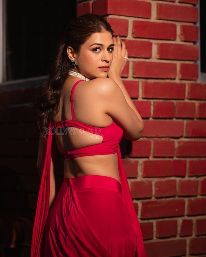 Dazzling Actress Shraddha Das in a Pink Saree with a Thin Shoulder Strap Sleeveless Blouse Photos 06