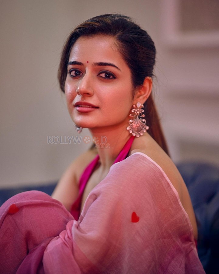 Elegant Ashika Ranganath in a Pink Saree with Red Heart Motifs Photoshoot Pictures 06