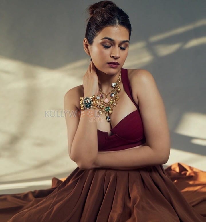 Enchanting Shraddha Das in a Sultry Wine Corset and Pleated Skirt Pictures 03