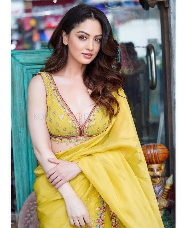 Gorgeous Sandeepa Dhar Cleavage in a Yellow Embroidered Saree Photos 03