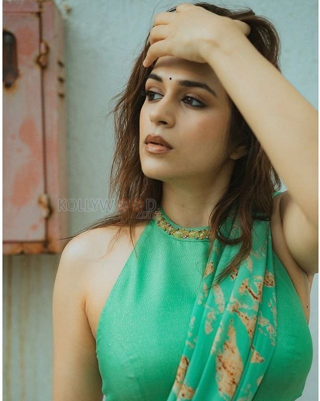 Sensuous and Sizzling Shraddha Das in a Green Saree with a Sleeveless Blouse Pictures 06