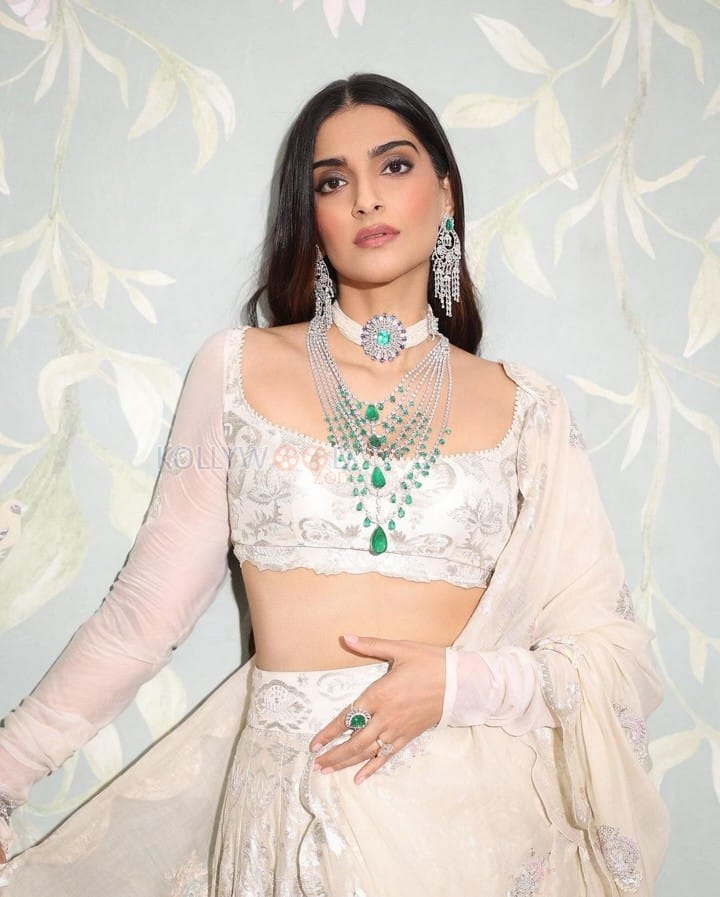 Stunning Sonam Kapoor in a White Anamika Khanna Lehenga at Anant Ambani Radhika Merchant Pre Wedding Bash Pictures 01