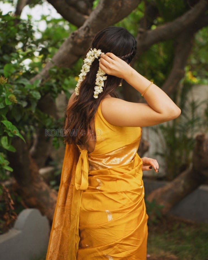 Beautiful Ruhani Sharma in a Yellow Silk Saree with Sleeveless Blouse Photos 03