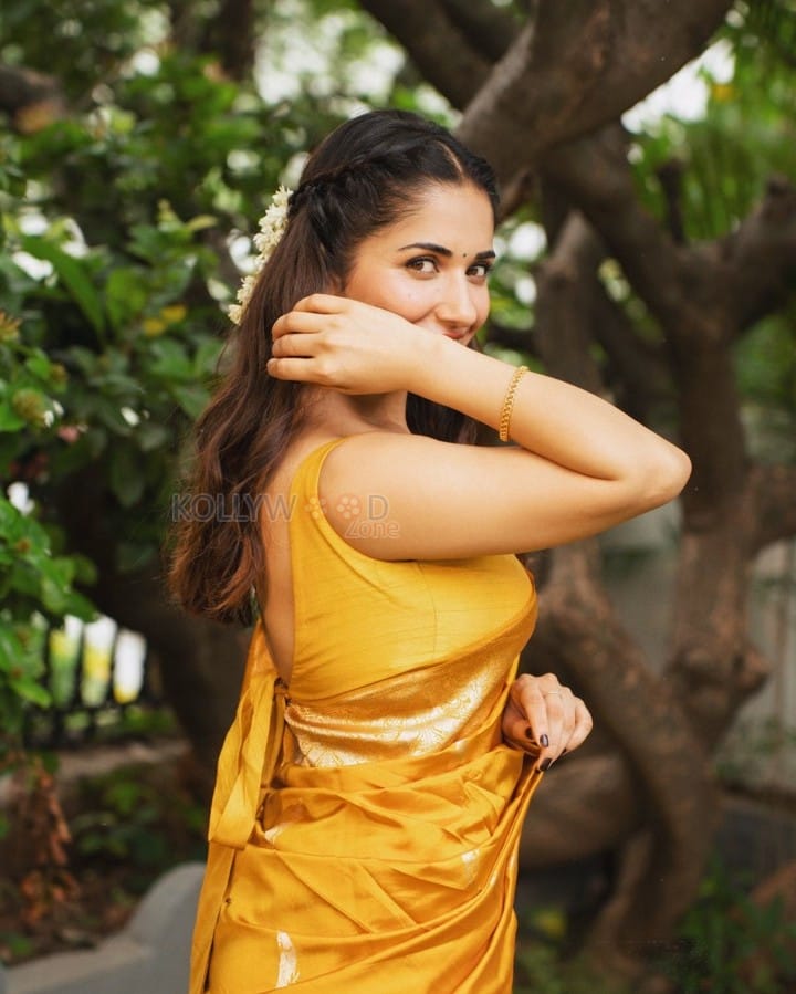 Beautiful Ruhani Sharma in a Yellow Silk Saree with Sleeveless Blouse Photos 06