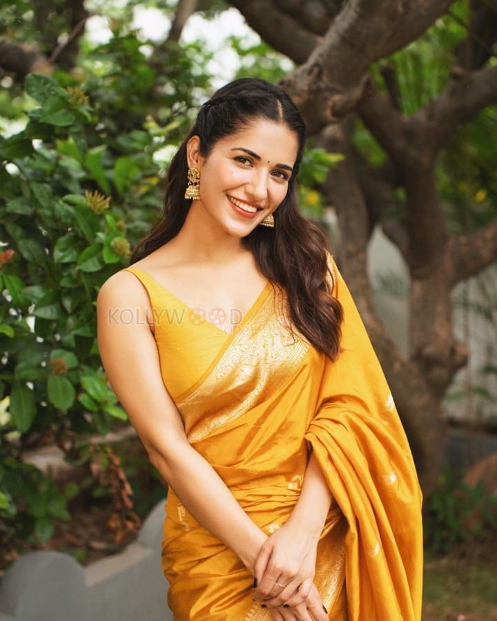 Beautiful Ruhani Sharma in a Yellow Silk Saree with Sleeveless Blouse Photos 07