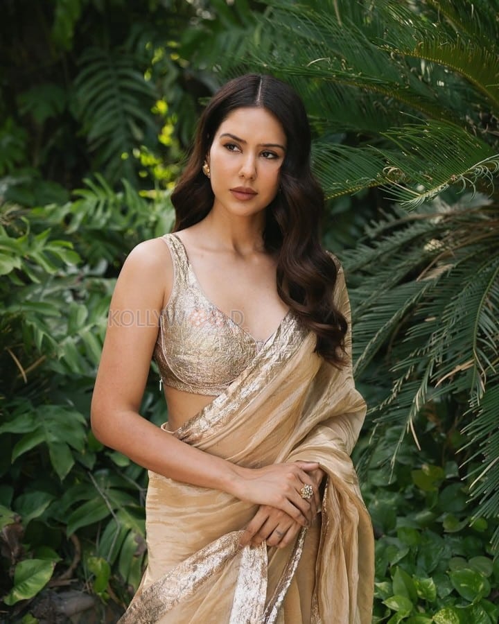 Beautiful Sonam Bajwa in a Silk Golden Saree with Gota Border and Sleeveless Blouse Photos 04