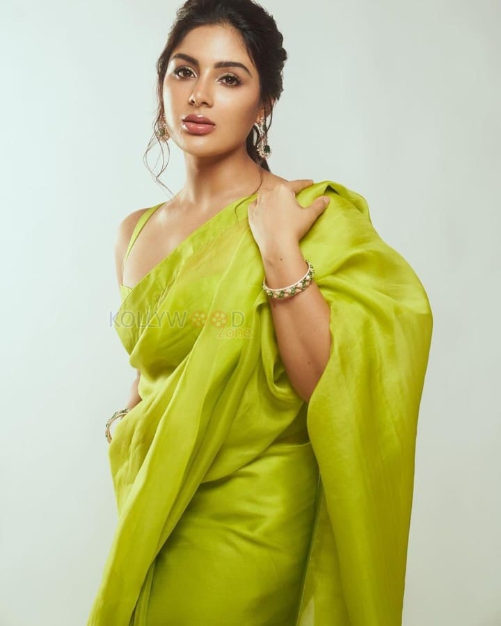 Actress Samyuktha Menon in a Lime Green Organza Saree Pictures 02