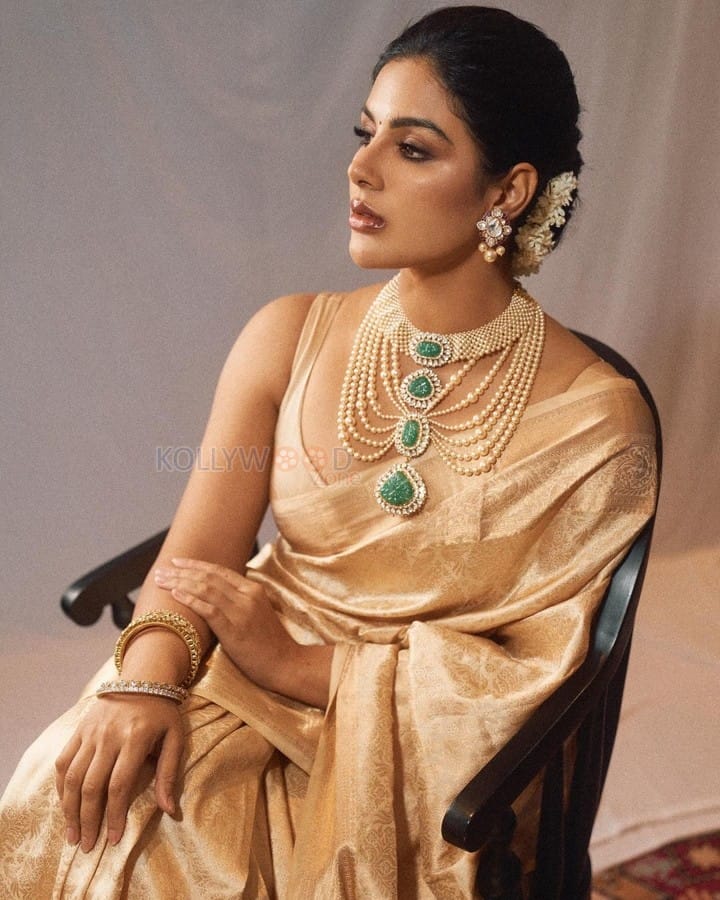 Majestic Samyuktha Menon in a Golden Saree with Matching Blouse and Pearl and Emerald Jewellery Pictures 02