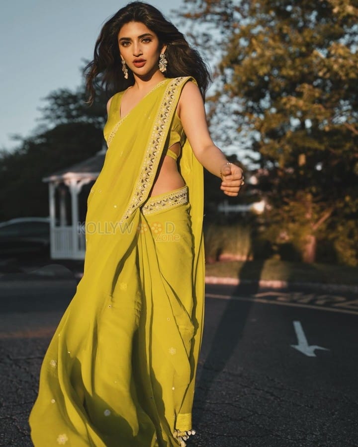 Gorgeous Sreeleela in a Yellow Georgette Saree with a Sleeveless Cutout Blouse Pictures 04