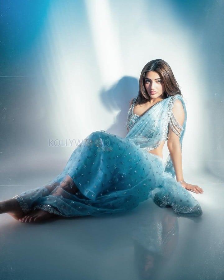 Telugu Beauty Sreeleela in a Frosty Blue Embellished Saree with a Sleeveless Blouse Pictures 04