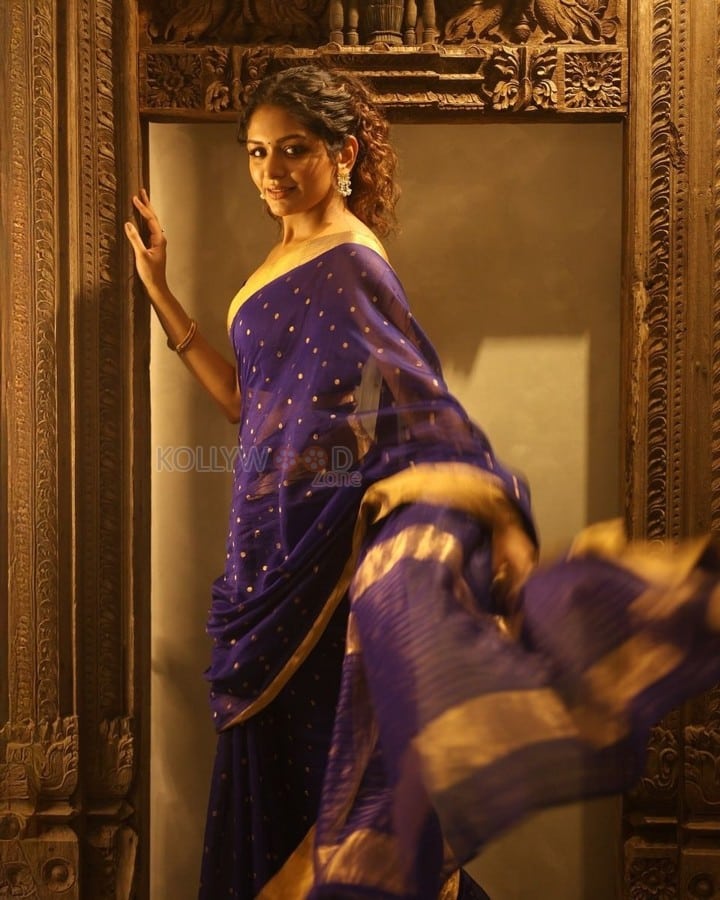 Beautiful Aditi Shankar in a Violet Saree with a Sleeveless Blouse Pictures 04
