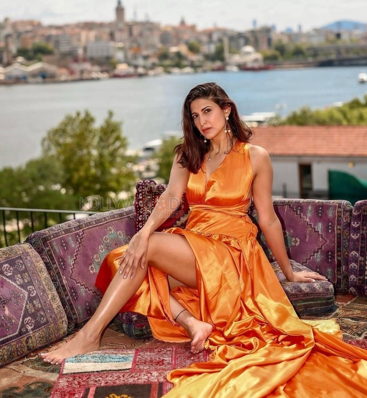 Call My Agent Bollywood Actress Aahana Kumra in an Orange Dress Photo Shoot Pictures 04