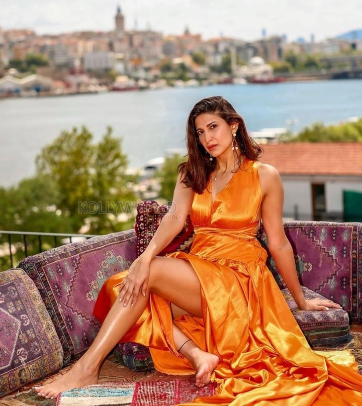 Call My Agent Bollywood Actress Aahana Kumra in an Orange Dress Photo Shoot Pictures 05