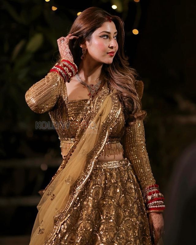 Devon Ke Dev Mahadev Actress Sonarika Bhadoria in a Golden Embroidered Square Neckline Blouse with a Matching Lehenga Skirt and Sheer Dupatta Pictures 01