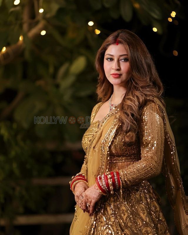 Devon Ke Dev Mahadev Actress Sonarika Bhadoria in a Golden Embroidered Square Neckline Blouse with a Matching Lehenga Skirt and Sheer Dupatta Pictures 02