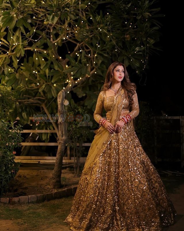 Devon Ke Dev Mahadev Actress Sonarika Bhadoria in a Golden Embroidered Square Neckline Blouse with a Matching Lehenga Skirt and Sheer Dupatta Pictures 04