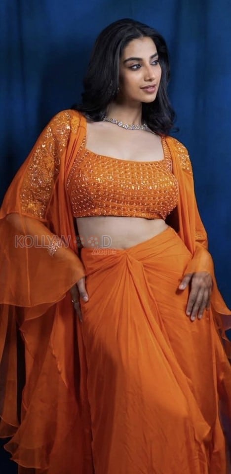 Gorgeous Meenakshi Chaudhary in a Striking Orange Dress Photos 02