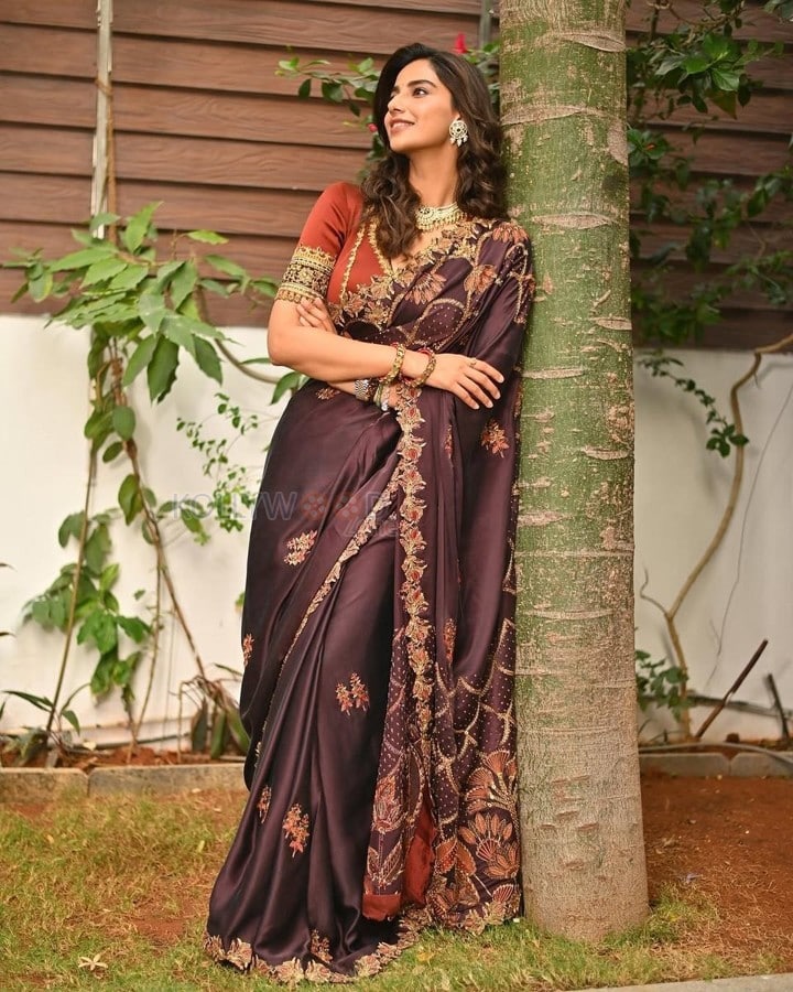 Regal Beauty Meenakshi Chaudhary in an Embroidered Deep Purple Silk Saree Photos 03