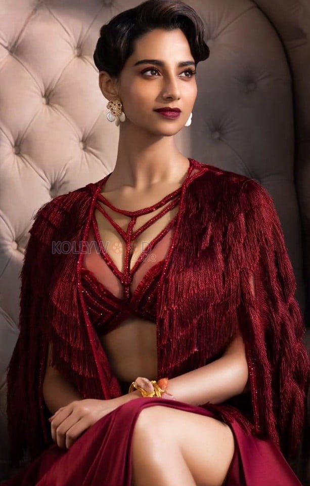 Sexy Meenakshi Chaudhary in a Ruby Red Embroidered Kurta with Tulle Drape paired with Sharara Photos 02